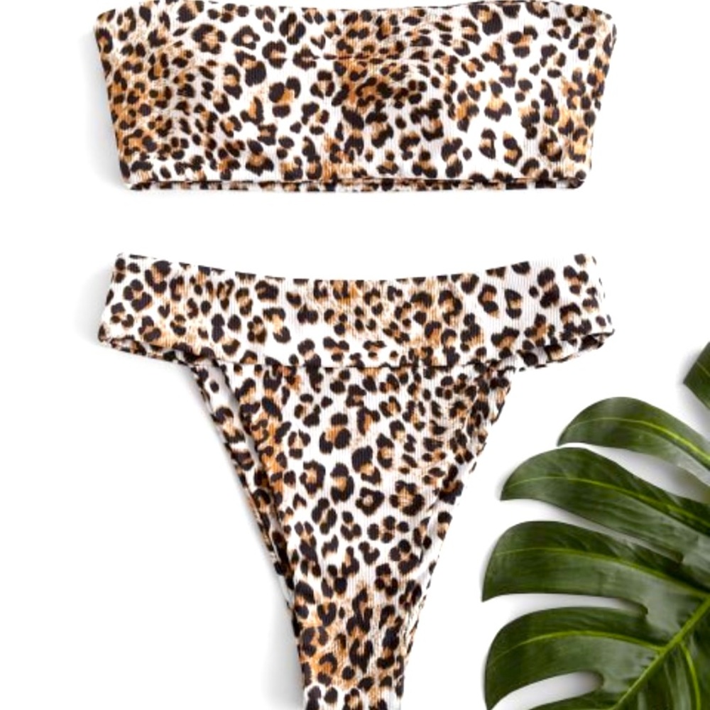 Zaful Ribbed Leopard Print High Leg Bikini